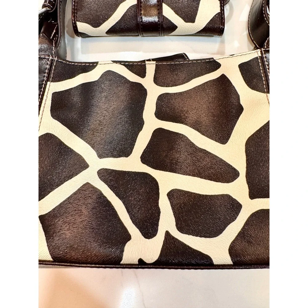 Nine & Co Giraffe Print Handbag and Wallet Set Brown Cream Y2K Vintage Purse - Picture 3 of 16